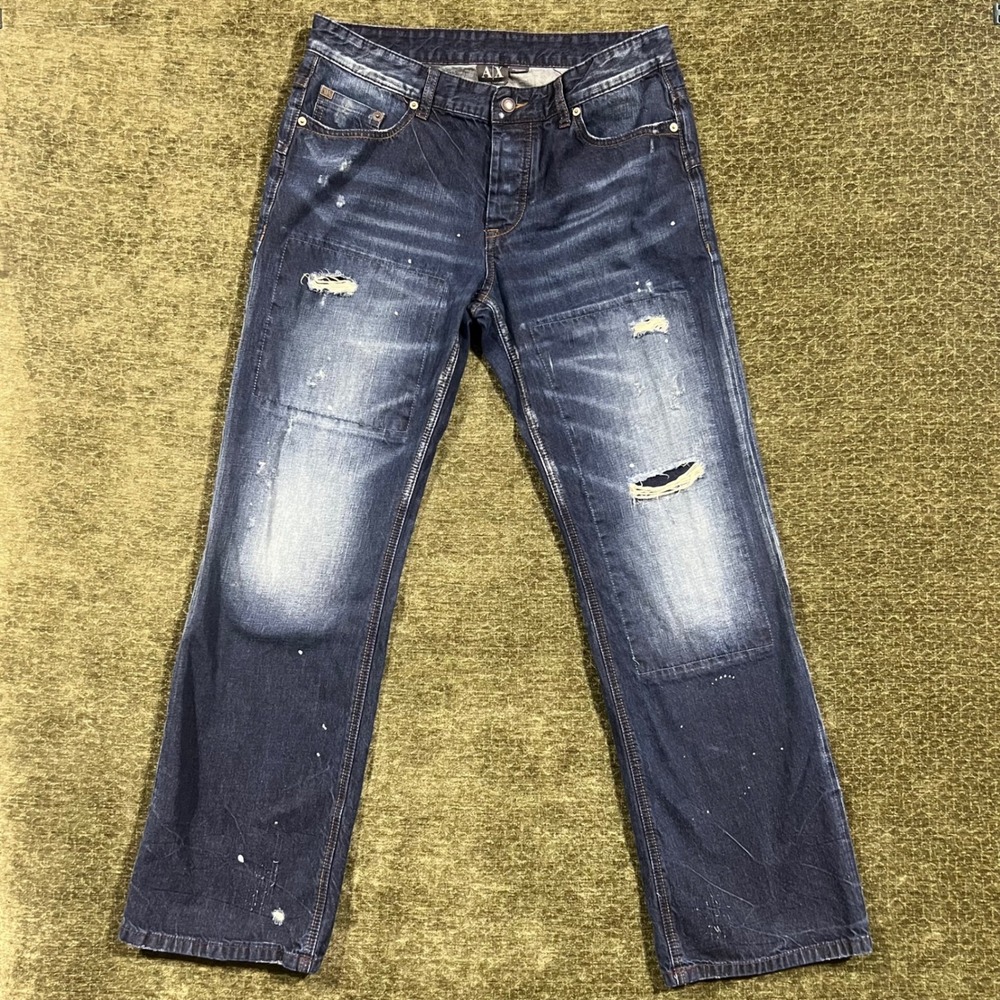 Armani Exchange Jeans Mens 34 Blue Distressed Paint Splatter Straight Leg Denim